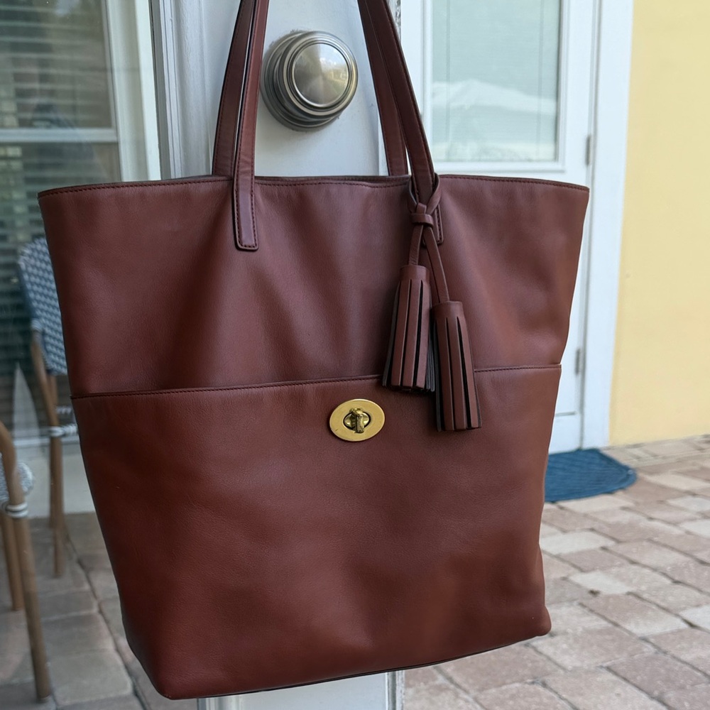 Coach Brown Leather Tote with Gold Accent
